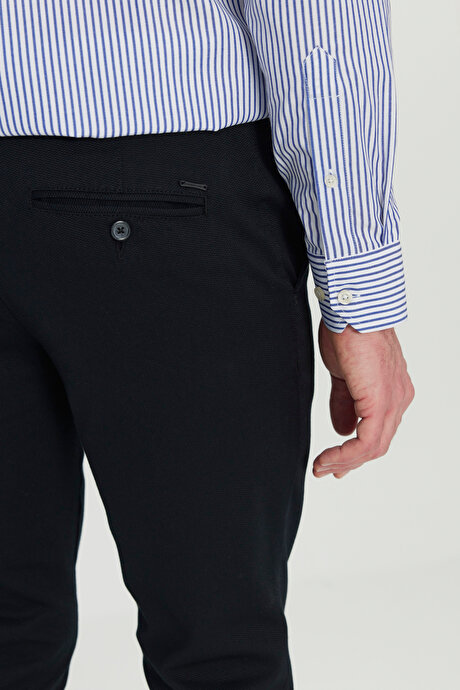 Pamuklu Slim Fit Dar Kesim Armürlü Yan Cepli Esnek Casual Siyah Pantolon resmi