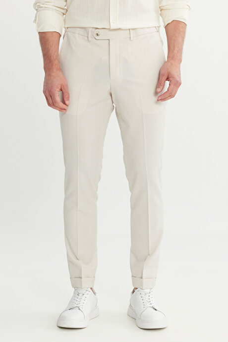 Slim Fit Dar Kesim Beli Lastikli Yan Cep Klasik Bej Pantolon resmi