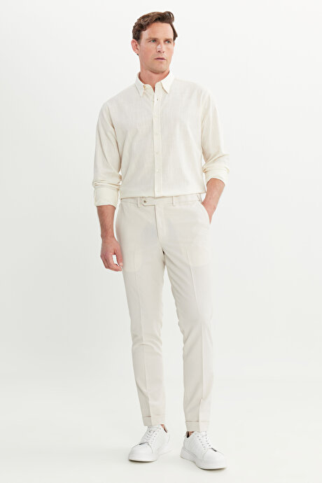 Slim Fit Dar Kesim Beli Lastikli Yan Cep Klasik Bej Pantolon resmi