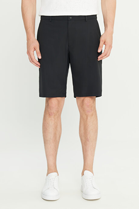 Slim Fit Dar Kesim Beli Lastikli Yan Cepli Esnek Siyah Şort resmi