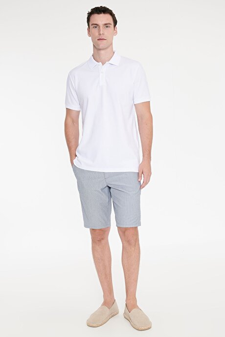 Slim Fit Dar Kesim Yan Cepli Gofre Desenli Esnek Lacivert Şort resmi