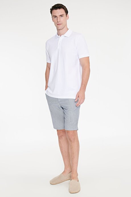 Slim Fit Dar Kesim Yan Cepli Gofre Desenli Esnek Lacivert Şort resmi