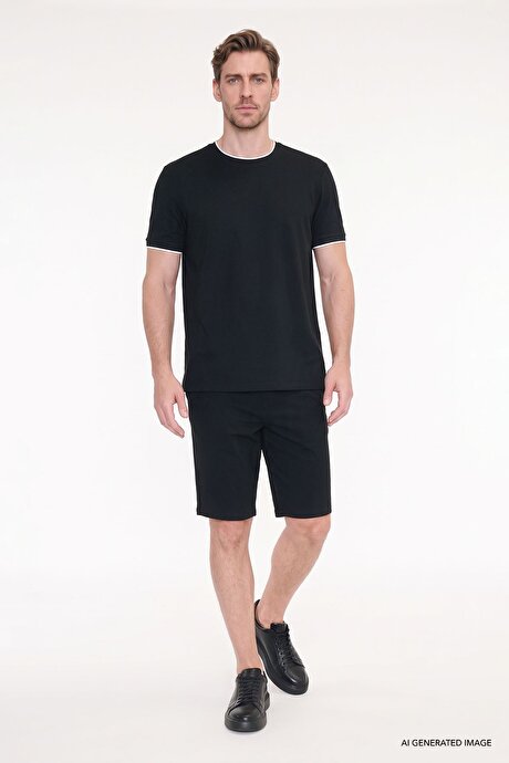 Slim Fit Dar Kesim Yan Cepli Gofre Desenli Esnek Siyah Şort resmi