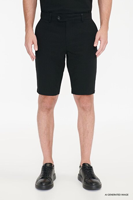 Slim Fit Dar Kesim Yan Cepli Gofre Desenli Esnek Siyah Şort resmi