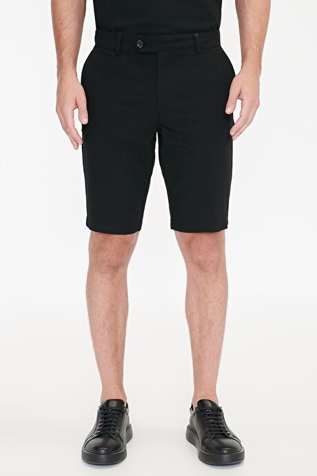 Slim Fit Dar Kesim Yan Cepli Gofre Desenli Esnek Siyah Şort resmi