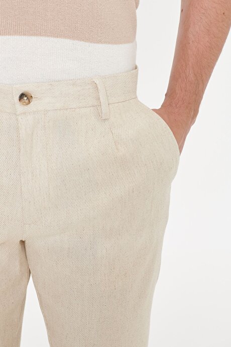 Pamuklu Keten Slim Fit Dar Kesim Yan Cepli Diagonal Desenli Esnek Bej Şort resmi