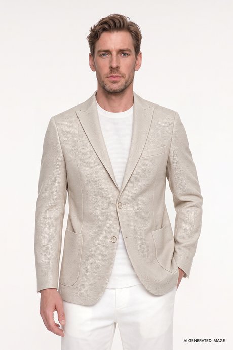 Pamuklu Slim Fit Dar Kesim Kırlangıç Yaka Torba Cepli Armürlü Blazer Bej Ceket resmi