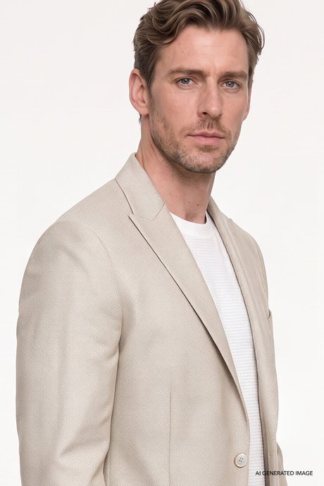 Pamuklu Slim Fit Dar Kesim Kırlangıç Yaka Torba Cepli Armürlü Blazer Bej Ceket resmi