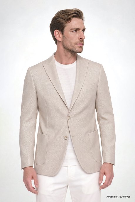 Pamuklu Slim Fit Dar Kesim Kırlangıç Yaka Torba Cepli Armürlü Blazer Bej Ceket resmi