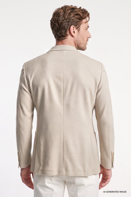 Pamuklu Slim Fit Dar Kesim Kırlangıç Yaka Torba Cepli Armürlü Blazer Bej Ceket resmi