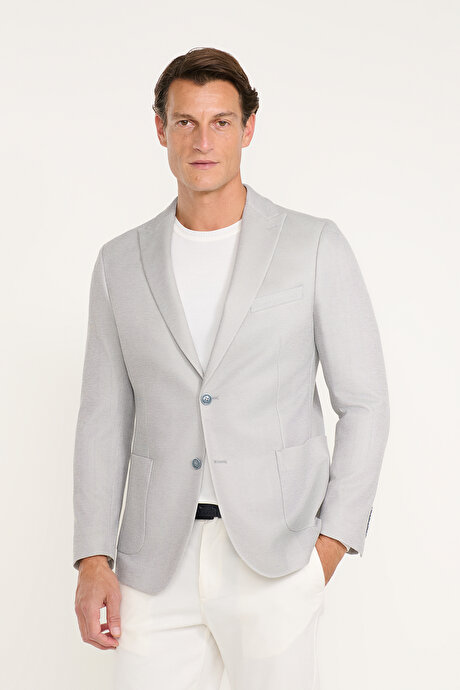 Pamuklu Slim Fit Dar Kesim Kırlangıç Yaka Torba Cepli Armürlü Blazer Gri Ceket resmi