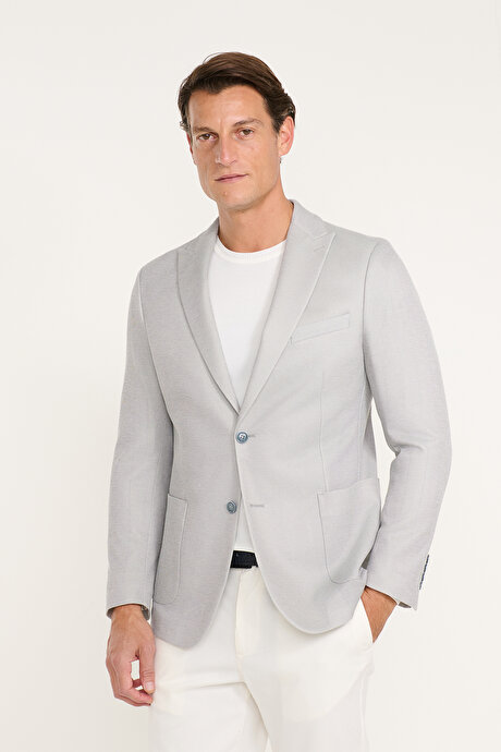 Pamuklu Slim Fit Dar Kesim Kırlangıç Yaka Torba Cepli Armürlü Blazer Gri Ceket resmi