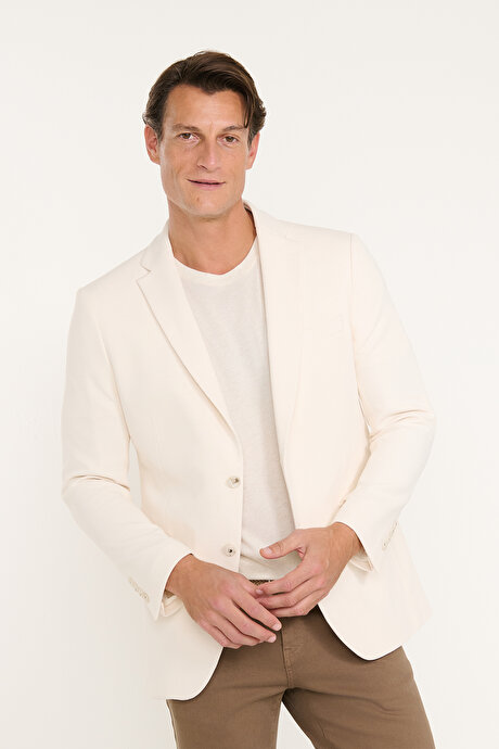 Pamuklu Slim Fit Dar Kesim Mono Yaka Kapak Cepli Armürlü Blazer Ekru Ceket resmi