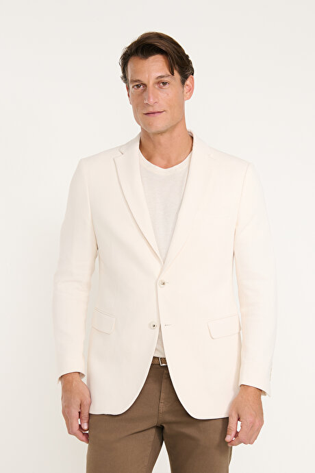 Pamuklu Slim Fit Dar Kesim Mono Yaka Kapak Cepli Armürlü Blazer Ekru Ceket resmi