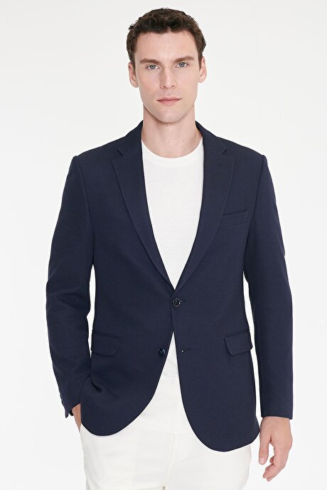 Pamuklu Slim Fit Dar Kesim Mono Yaka Kapak Cepli Armürlü Blazer Lacivert Ceket resmi