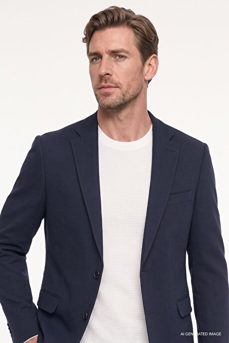 Pamuklu Slim Fit Dar Kesim Mono Yaka Kapak Cepli Armürlü Blazer Lacivert Ceket resmi