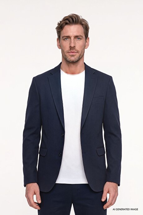 Pamuklu Slim Fit Dar Kesim Mono Yaka Kapak Cepli Armürlü Blazer Lacivert Ceket resmi