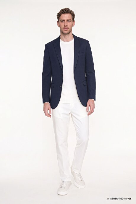 Pamuklu Slim Fit Dar Kesim Mono Yaka Kapak Cepli Armürlü Blazer Lacivert Ceket resmi