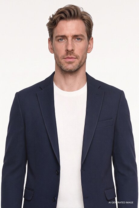 Pamuklu Slim Fit Dar Kesim Mono Yaka Kapak Cepli Armürlü Blazer Lacivert Ceket resmi