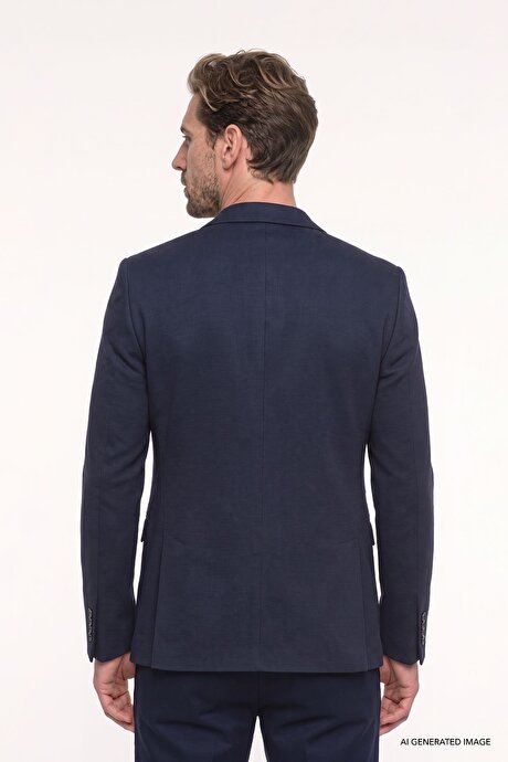 Pamuklu Slim Fit Dar Kesim Mono Yaka Kapak Cepli Armürlü Blazer Lacivert Ceket resmi
