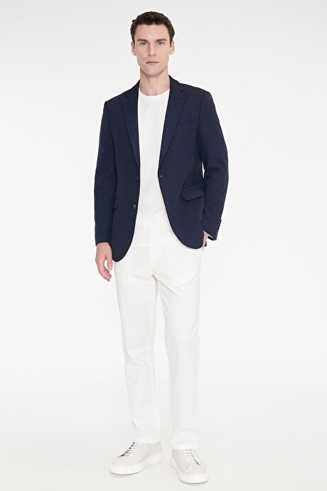 Pamuklu Slim Fit Dar Kesim Mono Yaka Kapak Cepli Armürlü Blazer Lacivert Ceket resmi