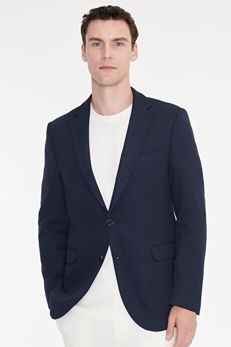 Pamuklu Slim Fit Dar Kesim Mono Yaka Kapak Cepli Armürlü Blazer Lacivert Ceket resmi