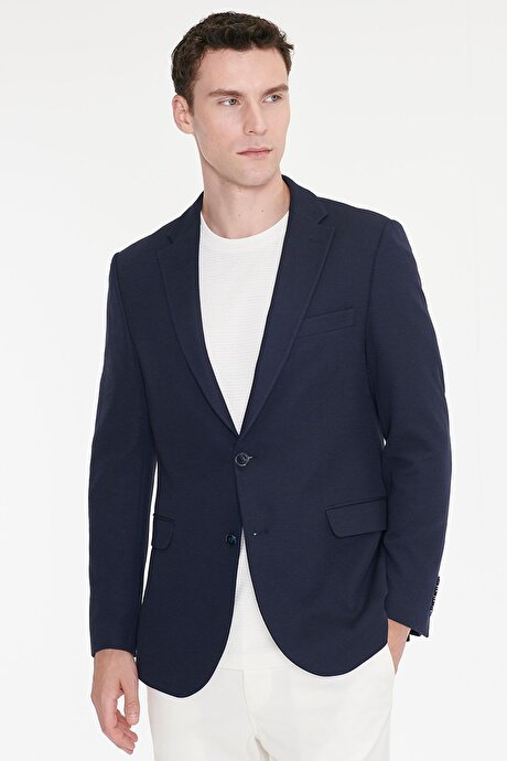 Pamuklu Slim Fit Dar Kesim Mono Yaka Kapak Cepli Armürlü Blazer Lacivert Ceket resmi