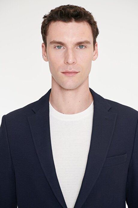 Pamuklu Slim Fit Dar Kesim Mono Yaka Kapak Cepli Armürlü Blazer Lacivert Ceket resmi