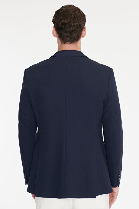 Pamuklu Slim Fit Dar Kesim Mono Yaka Kapak Cepli Armürlü Blazer Lacivert Ceket resmi
