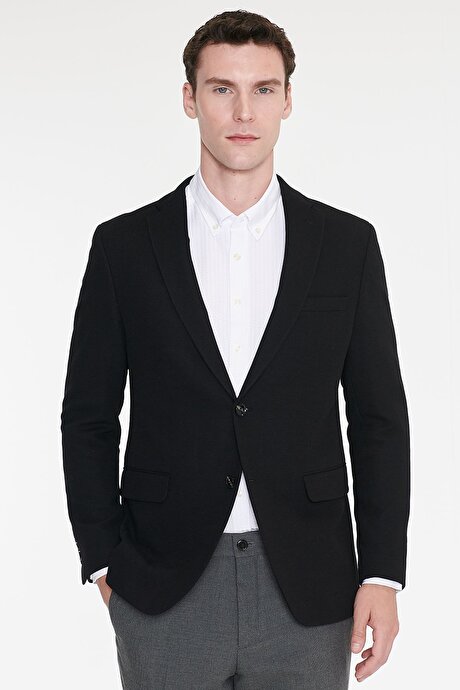 Pamuklu Slim Fit Dar Kesim Mono Yaka Kapak Cepli Armürlü Blazer Siyah Ceket resmi