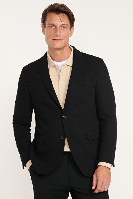 Pamuklu Slim Fit Dar Kesim Mono Yaka Kapak Cepli Armürlü Blazer Siyah Ceket resmi