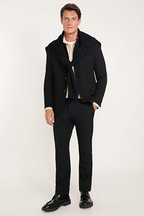Pamuklu Slim Fit Dar Kesim Mono Yaka Kapak Cepli Armürlü Blazer Siyah Ceket resmi