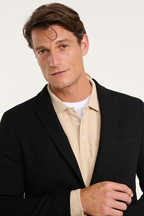Pamuklu Slim Fit Dar Kesim Mono Yaka Kapak Cepli Armürlü Blazer Siyah Ceket resmi