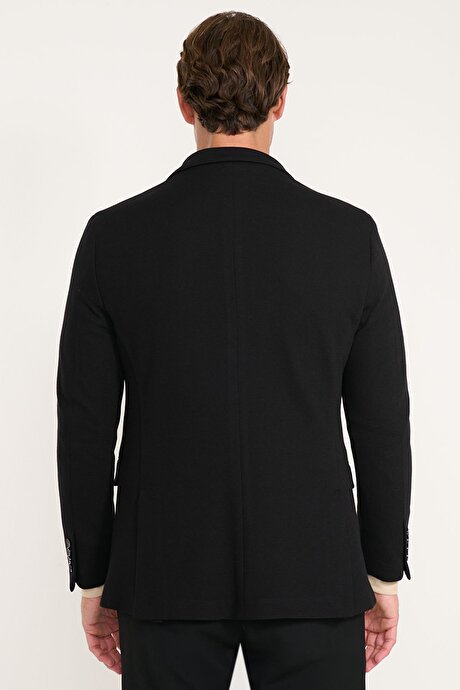 Pamuklu Slim Fit Dar Kesim Mono Yaka Kapak Cepli Armürlü Blazer Siyah Ceket resmi