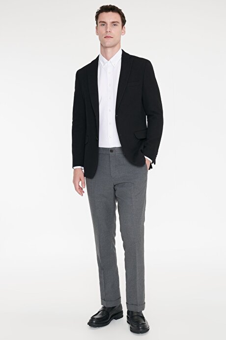 Pamuklu Slim Fit Dar Kesim Mono Yaka Kapak Cepli Armürlü Blazer Siyah Ceket resmi