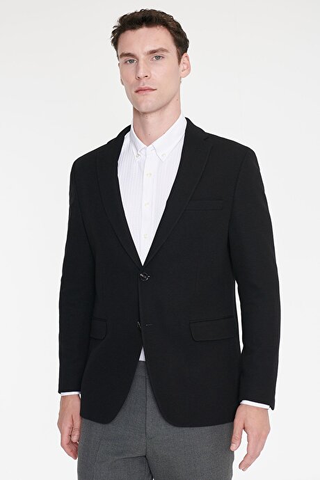 Pamuklu Slim Fit Dar Kesim Mono Yaka Kapak Cepli Armürlü Blazer Siyah Ceket resmi