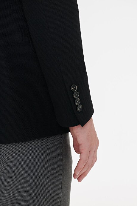 Pamuklu Slim Fit Dar Kesim Mono Yaka Kapak Cepli Armürlü Blazer Siyah Ceket resmi