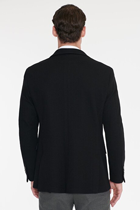 Pamuklu Slim Fit Dar Kesim Mono Yaka Kapak Cepli Armürlü Blazer Siyah Ceket resmi