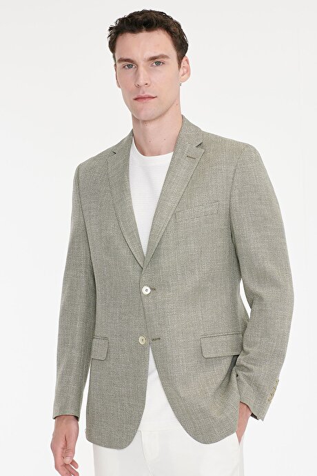 Pamuklu Slim Fit Dar Kesim Mono Yaka Kapak Cepli Armürlü Blazer Haki Ceket resmi