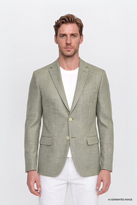 Pamuklu Slim Fit Dar Kesim Mono Yaka Kapak Cepli Armürlü Blazer Haki Ceket resmi