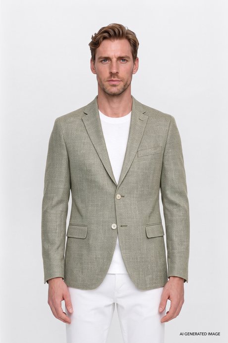 Pamuklu Slim Fit Dar Kesim Mono Yaka Kapak Cepli Armürlü Blazer Haki Ceket resmi