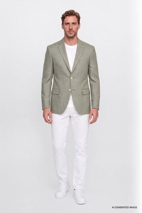 Pamuklu Slim Fit Dar Kesim Mono Yaka Kapak Cepli Armürlü Blazer Haki Ceket resmi