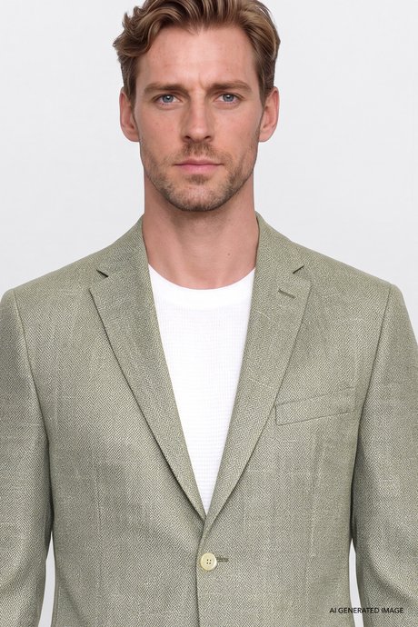 Pamuklu Slim Fit Dar Kesim Mono Yaka Kapak Cepli Armürlü Blazer Haki Ceket resmi
