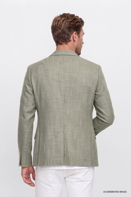 Pamuklu Slim Fit Dar Kesim Mono Yaka Kapak Cepli Armürlü Blazer Haki Ceket resmi