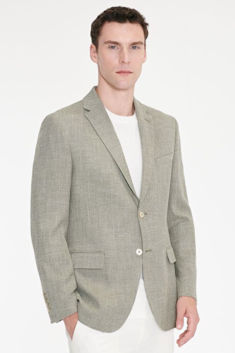 Pamuklu Slim Fit Dar Kesim Mono Yaka Kapak Cepli Armürlü Blazer Haki Ceket resmi