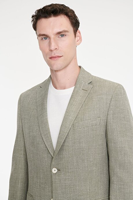 Pamuklu Slim Fit Dar Kesim Mono Yaka Kapak Cepli Armürlü Blazer Haki Ceket resmi