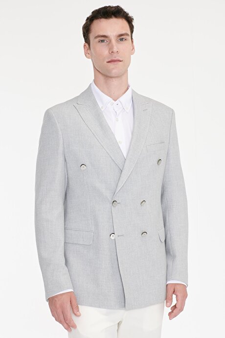 Slim Fit Dar Kesim Kırlangıç Yaka Kapak Cepli Armürlü Esnek Blazer Gri Ceket resmi