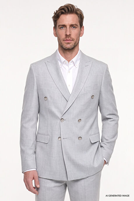 Slim Fit Dar Kesim Kırlangıç Yaka Kapak Cepli Armürlü Esnek Blazer Gri Ceket resmi