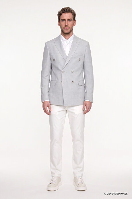 Slim Fit Dar Kesim Kırlangıç Yaka Kapak Cepli Armürlü Esnek Blazer Gri Ceket resmi