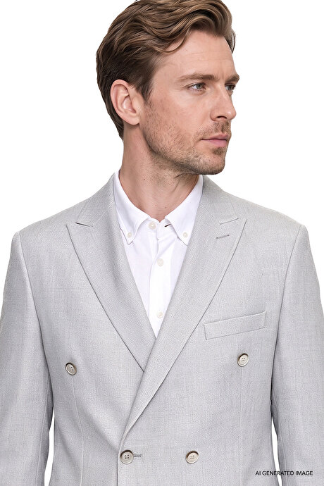 Slim Fit Dar Kesim Kırlangıç Yaka Kapak Cepli Armürlü Esnek Blazer Gri Ceket resmi
